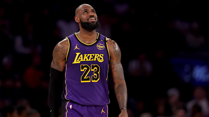 Feb 1, 2025; New York, New York, USA; Los Angeles Lakers forward LeBron James (23) reacts during the second quarter against the New York Knicks at Madison Square Garden. Mandatory Credit: Brad Penner-Imagn Images