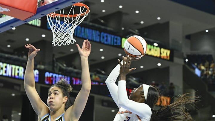 Jun 21, 2025; Chicago, Illinois, USA; Phoenix Mercury guard Kahleah Copper (2) shoots against Chicago Sky guard Kia Nurse (11) during the first quarter at Wintrust Arena. Mandatory Credit: Matt Marton-Imagn Images