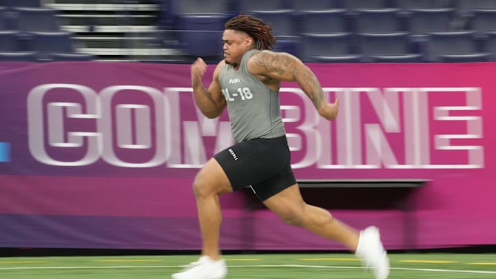 Feb 29, 2024; Indianapolis, IN, USA; Texas defensive lineman Byron Murphy (DL18) works out during