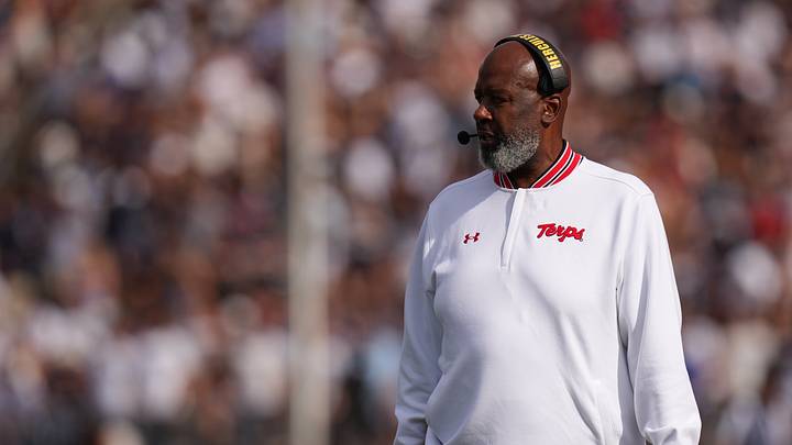 Maryland Terrapins head coach Mike Locksley watches from the sideline as they take on the UConn Huskies at Rentschler Field. 