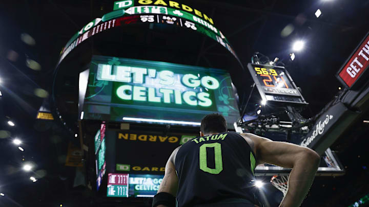Feb 28, 2025; Boston, Massachusetts, USA; Boston Celtics forward Jayson Tatum (0) waits to inbounds the ball against the Cleveland Cavaliers during the second half at TD Garden. Mandatory Credit: Winslow Townson-Imagn Images