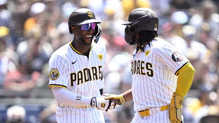 Jun 26, 2024; San Diego, California, USA; San Diego Padres third baseman Eguy Rosario (5) is congratulated by left fielder Jurickson Profar (10) after scoring a run against the Washington Nationals during the fourth inning at Petco Park. Mandatory Credit: Orlando Ramirez-Imagn Images Jun 26, 2024; San Diego, California, USA; San Diego Padres third baseman Eguy Rosario (5) is congratulated by left fielder Jurickson Profar (10) after scoring a run against the Washington Nationals during the fourth inning at Petco Park. Mandatory Credit: Orlando Ramirez-Imagn Images