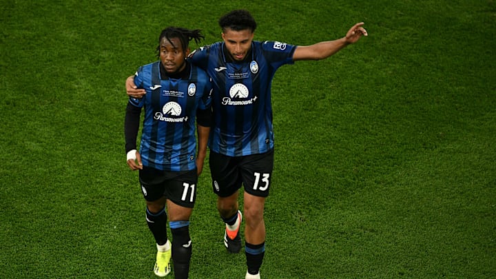 Ademola Lookman and Ederson celebrate during the Europa League final