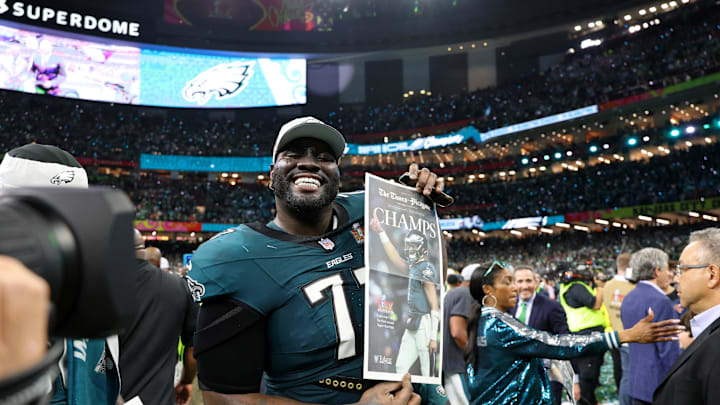 Feb 9, 2025; New Orleans, LA, USA; Philadelphia Eagles offensive tackle Mekhi Becton (77) celebrates after winning Super Bowl LIX at Caesars Superdome. Mandatory Credit: Geoff Burke-Imagn Images