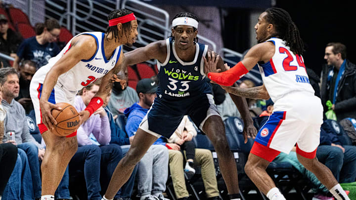 Iowa's Leonard Miller defends Motor City's Alondes Williams during an Iowa Wolves vs. Motor City Cruise game at Wells Fargo Arena on Friday, Dec. 13, 2024, in Des Moines.