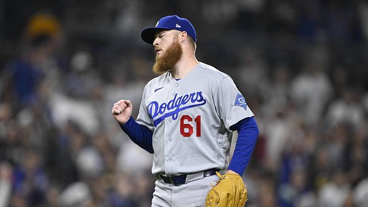 May 19, 2026; San Diego, California, USA; Los Angeles Dodgers pitcher Will Klein (61) pumps his fist after the Dodgers beat the San Diego Padres at Petco Park. Mandatory Credit: Denis Poroy-Imagn Images
