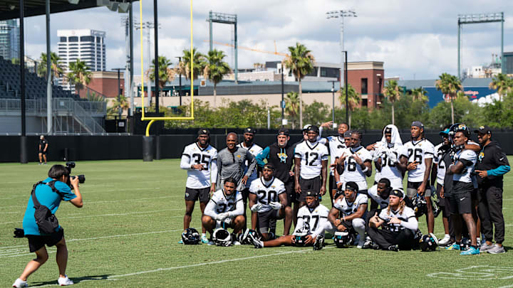 Jaguars team photographer takes a group photo of part of the defense after the Jacksonville Jaguars’ third mandatory minicamp Thursday June 12, 2025 at the Miller Electric Center in Jacksonville, Fla. [Doug Engle/Florida Times-Union]