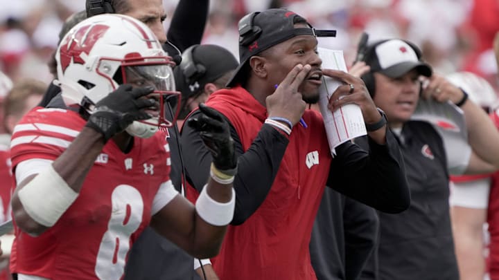 Wisconsin wide receivers coach Jordan Reid is shown during the second quarter of the game against Middle Tennessee Saturday, September 6, 2025 at Camp Randall Stadium in Madison, Wisconsin.