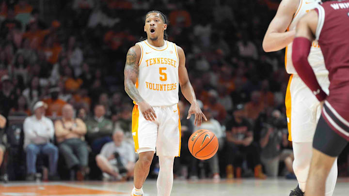 Tennessee's Zakai Zeigler (5) dribbles up the court during a men’s college basketball game between Tennessee and South Carolina at Thompson-Boling Arena at Food City Center, Saturday, March 8, 2025.
