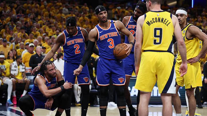 May 31, 2025; Indianapolis, Indiana, USA; New York Knicks guard Jalen Brunson (11) reacts after a play against the Indiana Pacers in the third quarter during game six of the eastern conference finals for the 2025 NBA Playoffs at Gainbridge Fieldhouse. Mandatory Credit: Trevor Ruszkowski-Imagn Images