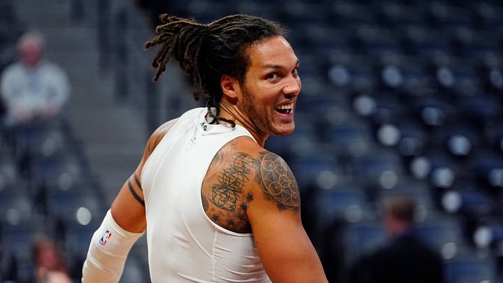 Oct 11, 2026; Denver, Colorado, USA;  Denver Nuggets forward Aaron Gordon (32) reacts before the start of the pre season game against the Chicago Bulls at Ball Arena.  Mandatory Credit: Ron Chenoy-Imagn Images