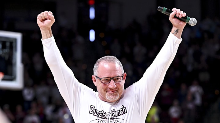 Dec 28, 2024; College Station, Texas, USA; Texas A&M Aggies head coach Buzz Williams reacts after the National Anthem prior to the game against the Abilene Christian Wildcats at Reed Arena. Mandatory Credit: Maria Lysaker-Imagn Images 