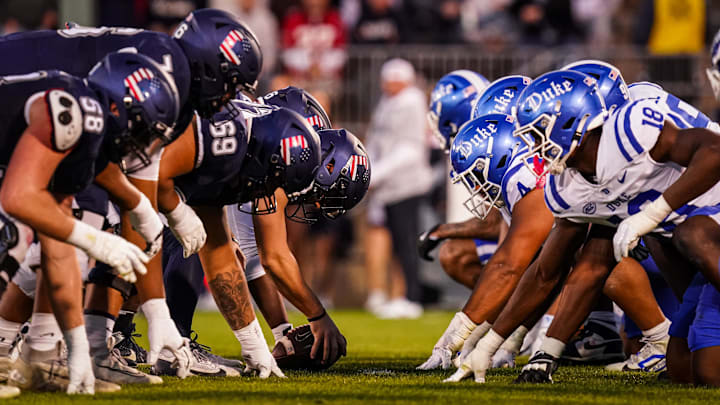 Nov 8, 2025; East Hartford, Connecticut, USA; The UConn Huskies take on the Duke Blue Devils in the second quarter at Pratt & Whitney Stadium at Rentschler Field. Mandatory Credit: David Butler II-Imagn Images Nov 8, 2025; East Hartford, Connecticut, USA; The UConn Huskies take on the Duke Blue Devils in the second quarter at Pratt & Whitney Stadium at Rentschler Field. Mandatory Credit: David Butler II-Imagn Images