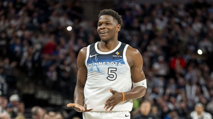 Mar 16, 2025; Minneapolis, Minnesota, USA; Minnesota Timberwolves guard Anthony Edwards (5) celebrates after making a shot against the Utah Jazz in the first half at Target Center. Mandatory Credit: Jesse Johnson-Imagn Images