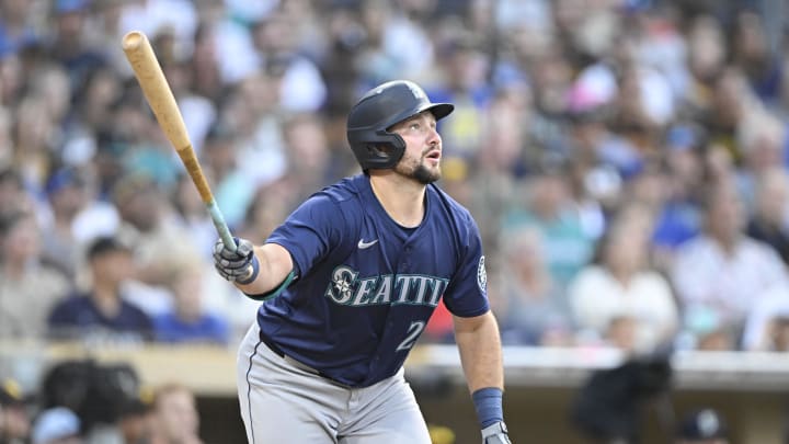 Seattle Mariners catcher Cal Raleigh (29) hits a two-run home run during the third inning against the San Diego Padres at Petco Park on July 9.