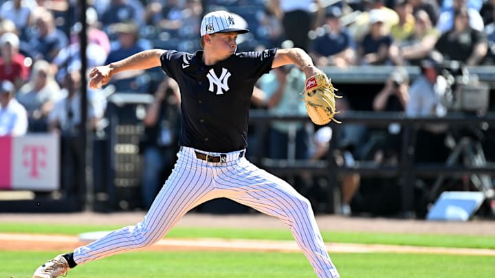 Feb 26, 2025; Tampa, Florida, USA; New York Yankees starting pitcher Will Warren (98) throws a pitch in the first inning against the St. Louis Cardinals during spring training at George M. Steinbrenner Field.