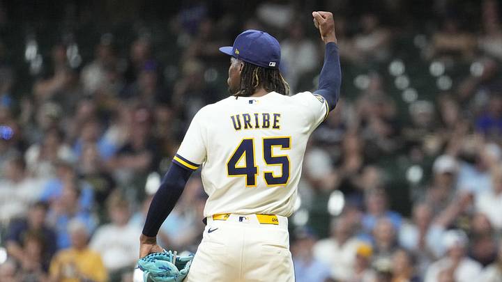 May 26, 2026; Milwaukee, Wisconsin, USA; Milwaukee Brewers pitcher Abner Uribe (45) celebrates the final out of in the eighth inning against the St. Louis Cardinals at American Family Field. Mandatory Credit: Michael McLoone-Imagn Images May 26, 2026; Milwaukee, Wisconsin, USA; Milwaukee Brewers pitcher Abner Uribe (45) celebrates the final out of in the eighth inning against the St. Louis Cardinals at American Family Field. Mandatory Credit: Michael McLoone-Imagn Images
