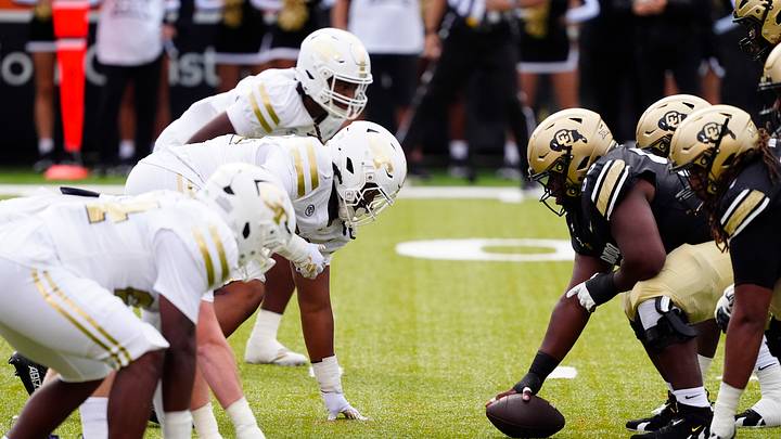Aug 29, 2025; Boulder, Colorado, USA; Members of the Georgia Tech Yellow Jackets line up across from the Colorado Buffaloes in the first quarter at Folsom Field. Mandatory Credit: Ron Chenoy-Imagn Images Aug 29, 2025; Boulder, Colorado, USA; Members of the Georgia Tech Yellow Jackets line up across from the Colorado Buffaloes in the first quarter at Folsom Field. Mandatory Credit: Ron Chenoy-Imagn Images