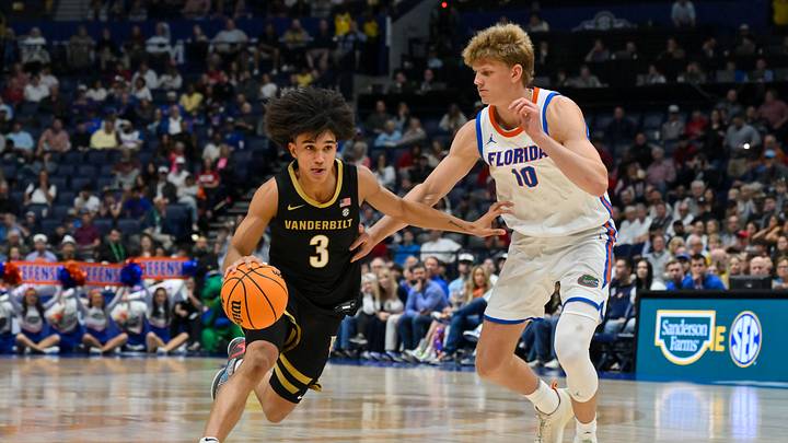 Mar 14, 2026; Nashville, TN, USA; Vanderbilt Commodores guard Tyler Tanner (3) drives to the basket past Florida Gators forward Thomas Haugh (10) during the second half at Bridgestone Arena. Mandatory Credit: Steve Roberts-Imagn Images Mar 14, 2026; Nashville, TN, USA; Vanderbilt Commodores guard Tyler Tanner (3) drives to the basket past Florida Gators forward Thomas Haugh (10) during the second half at Bridgestone Arena. Mandatory Credit: Steve Roberts-Imagn Images