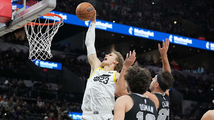 Dec 26, 2023; San Antonio, Texas, USA; Utah Jazz forward Lauri Markkanen (23) goes up for a basket