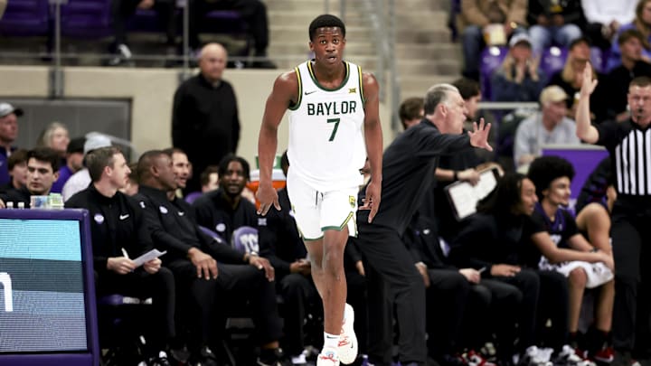 Mar 4, 2025; Fort Worth, Texas, USA; Baylor Bears guard VJ Edgecombe (7) reacts after scoring against the TCU Horned Frogs during the first half at Ed and Rae Schollmaier Arena. Mandatory Credit: Kevin Jairaj-Imagn Images