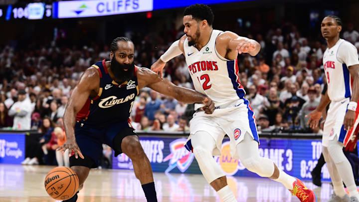May 9, 2026; Cleveland, Ohio, USA; Cleveland Cavaliers guard James Harden (1) drives to the basket against Detroit Pistons forward Tobias Harris (12) during the second half of game three in the second round of the 2026 NBA Playoffs at Rocket Arena. Mandatory Credit: Ken Blaze-Imagn Images