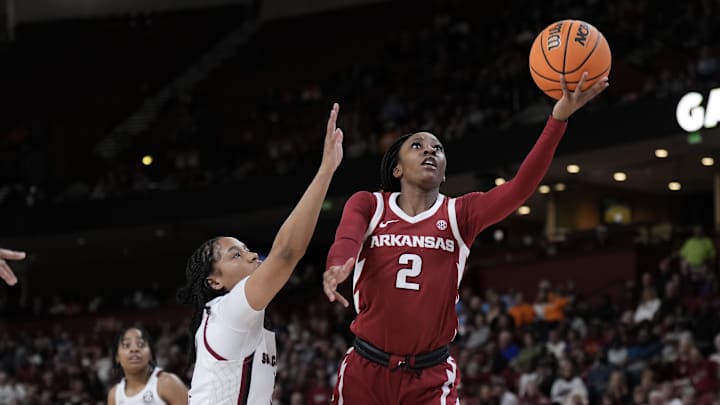 Mar 3, 2023; Greenville, SC, USA; Arkansas Razorbacks guard Samara Spencer (2) shoots the ball over