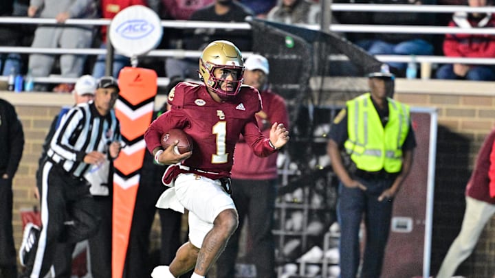 Oct 25, 2024; Chestnut Hill, Massachusetts, USA; Boston College Eagles quarterback Thomas Castellanos (1) runs the ball against the Louisville Cardinals during the first half at Alumni Stadium. Mandatory Credit: Eric Canha-Imagn Images