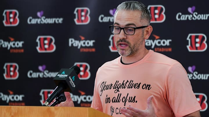 Cincinnati Bengals offensive coordinator Dan Pitcher speaks at a press conference for the 2025 NFL Draft, Saturday, April 26, 2025, at Paycor Stadium in Downtown Cincinnati.