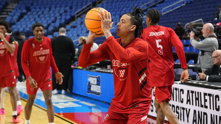 Mar 18, 2026; Buffalo, NY, USA; Louisville Cardinals Guard Mikel Brown Jr. (0) shoots the ball during a practice session ahead of the first round of the men's 2026 NCAA Tournament at Keybank Center. Mandatory Credit: Gregory Fisher-Imagn Images