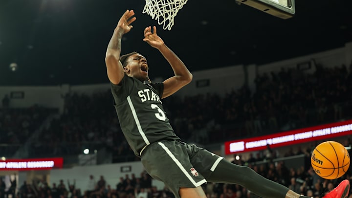 Jan 29, 2025; Starkville, Mississippi, USA; Mississippi State Bulldogs forward KeShawn Murphy (3) reacts after dunking the ball against the Alabama Crimson Tide during the second half at Humphrey Coliseum. Mandatory Credit: Wesley Hale-Imagn Images Jan 29, 2025; Starkville, Mississippi, USA; Mississippi State Bulldogs forward KeShawn Murphy (3) reacts after dunking the ball against the Alabama Crimson Tide during the second half at Humphrey Coliseum. Mandatory Credit: Wesley Hale-Imagn Images
