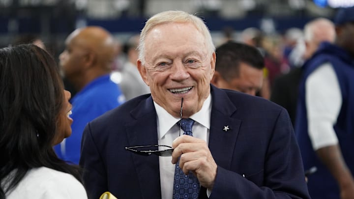 Dallas Cowboys owner Jerry Jones on the sidelines before the game against the New York Giants at AT&T Stadium. 