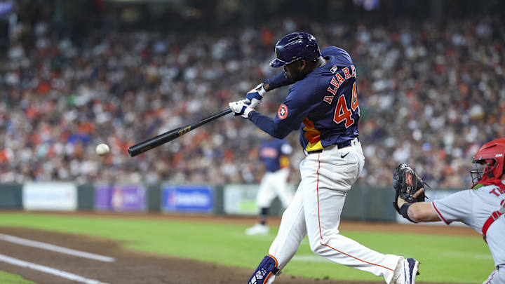 Sep 22, 2024; Houston, Texas, USA; Houston Astros left fielder Yordan Alvarez (44) hits a double during the third inning against the Los Angeles Angels at Minute Maid Park. Sep 22, 2024; Houston, Texas, USA; Houston Astros left fielder Yordan Alvarez (44) hits a double during the third inning against the Los Angeles Angels at Minute Maid Park.