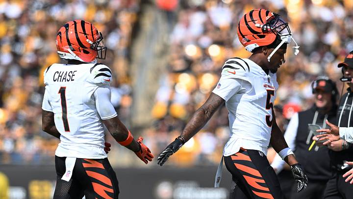 Sep 27, 2026; Pittsburgh, Pennsylvania, USA; Cincinnati Bengals wide receiver Ja'Marr Chase (1) celebrates with wide receiver Tee Higgins (5) after a touchdown during the first quarter against the Pittsburgh Steelers at Acrisure Stadium. Mandatory Credit: Barry Reeger-Imagn Images Sep 27, 2026; Pittsburgh, Pennsylvania, USA; Cincinnati Bengals wide receiver Ja'Marr Chase (1) celebrates with wide receiver Tee Higgins (5) after a touchdown during the first quarter against the Pittsburgh Steelers at Acrisure Stadium. Mandatory Credit: Barry Reeger-Imagn Images