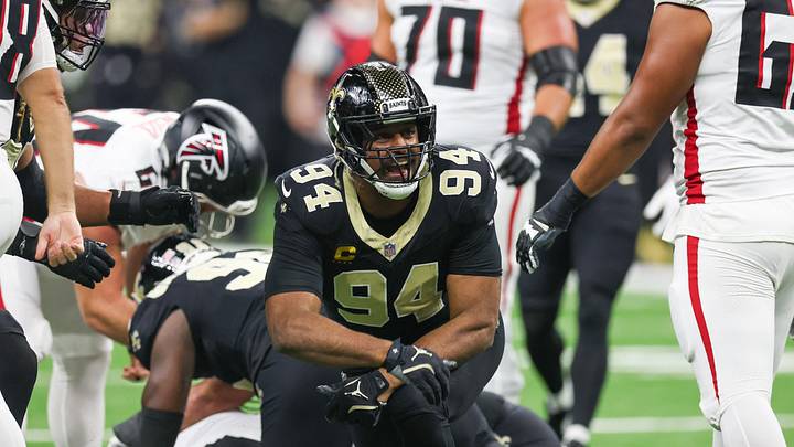 Nov 23, 2025; New Orleans, Louisiana, USA; New Orleans Saints defensive end Cameron Jordan (94) reacts after forcing a fumble against the Atlanta Falcons during the first half at Caesars Superdome. Mandatory Credit: Stephen Lew-Imagn Images Nov 23, 2025; New Orleans, Louisiana, USA; New Orleans Saints defensive end Cameron Jordan (94) reacts after forcing a fumble against the Atlanta Falcons during the first half at Caesars Superdome. Mandatory Credit: Stephen Lew-Imagn Images