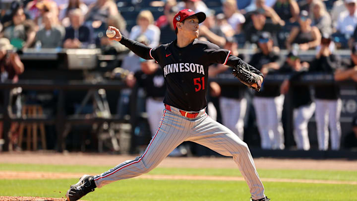 Feb 26, 2024; Tampa, Florida, USA; Minnesota Twins pitcher Matt Bowman (51) throws a pitch during the third inning against the New York Yankees at George M. Steinbrenner Field. Mandatory Credit: Kim Klement Neitzel-Imagn Images