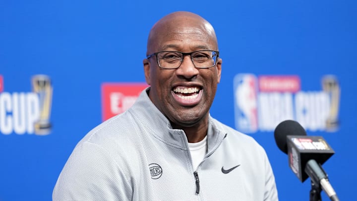 Dec 16, 2025; Las Vegas, Nevada, USA; New York Knicks Head Coach Mike Brown at press conference prior to the Emirates NBA Cup Final against the San Antonio Spurs at T-Mobile Arena. Mandatory Credit: Kirby Lee-Imagn Images