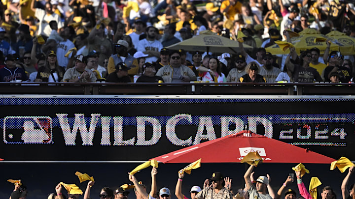 Oct 2, 2024; San Diego, California, USA; San Diego Padres fans before game two in the Wildcard round for the 2024 MLB Playoffs between the Padres and Atlanta Braves at Petco Park. Mandatory Credit: Denis Poroy-Imagn Images