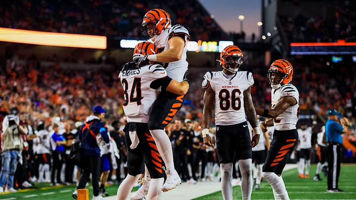 Aug 13, 2026; Cincinnati, Ohio, USA; Cincinnati Bengals tight end Jack Endries (84) reacts with tight end Cam Grandy (85) after scoring a touchdown against the Detroit Lions in the first half at Paycor Stadium. Mandatory Credit: Katie Stratman-Imagn Images Aug 13, 2026; Cincinnati, Ohio, USA; Cincinnati Bengals tight end Jack Endries (84) reacts with tight end Cam Grandy (85) after scoring a touchdown against the Detroit Lions in the first half at Paycor Stadium. Mandatory Credit: Katie Stratman-Imagn Images