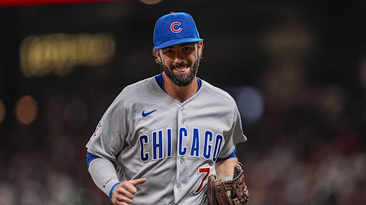 May 13, 2026; Cumberland, Georgia, USA; Chicago Cubs shortstop Dansby Swanson (7) reacts after throwing out Atlanta Braves third baseman Austin Riley (27) (not shown) during the seventh inning at Truist Park. Mandatory Credit: Dale Zanine-Imagn Images