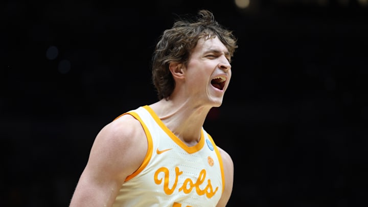 Mar 28, 2025; Indianapolis, IN, USA;Tennessee Volunteers forward Cade Phillips (12) reacts against the Kentucky Wildcats in the first half during a Midwest Regional semifinal of the 2025 NCAA tournament at Lucas Oil Stadium. Mandatory Credit: Trevor Ruszkowski-Imagn Images