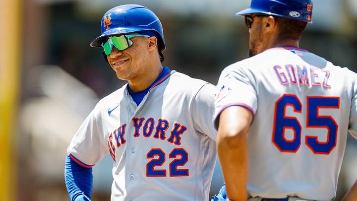 Jun 7, 2026; San Diego, California, USA; New York Mets designated hitter Juan Soto (22) smiles at the San Diego Padres dugout during the second inning at Petco Park. Mandatory Credit: David Frerker-Imagn Images Jun 7, 2026; San Diego, California, USA; New York Mets designated hitter Juan Soto (22) smiles at the San Diego Padres dugout during the second inning at Petco Park. Mandatory Credit: David Frerker-Imagn Images