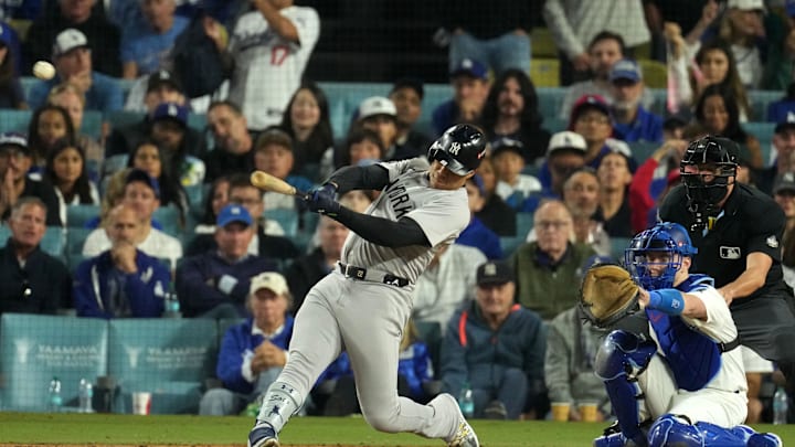 New York Yankees outfielder Juan Soto (22) hits a single against the Los Angeles Dodgers in the ninth inning for game two of the 2024 MLB World Series at Dodger Stadium on Oct 26. New York Yankees outfielder Juan Soto (22) hits a single against the Los Angeles Dodgers in the ninth inning for game two of the 2024 MLB World Series at Dodger Stadium on Oct 26.