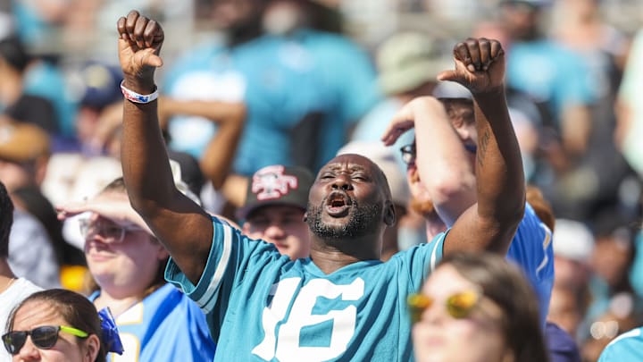 Nov 16, 2025; Jacksonville, Florida, USA; A Jacksonville Jaguars fan reacts following a controversial penalty call for the Los Angeles Chargers during the second quarter at EverBank Stadium. Mandatory Credit: Morgan Tencza-Imagn Images Nov 16, 2025; Jacksonville, Florida, USA; A Jacksonville Jaguars fan reacts following a controversial penalty call for the Los Angeles Chargers during the second quarter at EverBank Stadium. Mandatory Credit: Morgan Tencza-Imagn Images