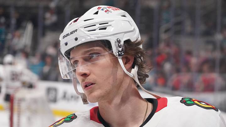 Apr 6, 2026; San Jose, California, USA;  Chicago Blackhawks defenseman Kevin Korchinski (14) warms up before the game against the San Jose Sharks at SAP Center at San Jose. Mandatory Credit: David Gonzales-Imagn Images