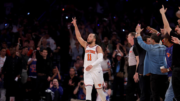 May 16, 2025; New York, New York, USA; New York Knicks guard Jalen Brunson (11) celebrates his three point shot against the Boston Celtics during the fourth quarter of game six in the second round of the 2025 NBA Playoffs at Madison Square Garden. Mandatory Credit: Brad Penner-Imagn Images