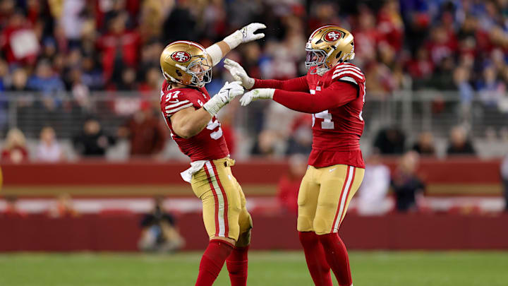 Dec 30, 2024; Santa Clara, California, USA; San Francisco 49ers defensive end Nick Bosa (97) and defensive end Yetur Gross-Matos (94) during the game against the Detroit Lions at Levi's Stadium. Mandatory Credit: Sergio Estrada-Imagn Images Dec 30, 2024; Santa Clara, California, USA; San Francisco 49ers defensive end Nick Bosa (97) and defensive end Yetur Gross-Matos (94) during the game against the Detroit Lions at Levi's Stadium. Mandatory Credit: Sergio Estrada-Imagn Images