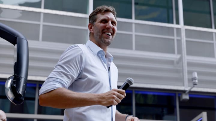 Jun 12, 2024; Dallas, Texas, USA; Former NBA player Dirk Nowitzki before game three of the 2024 NBA Finals between the Boston Celtics and Dallas Mavericks at American Airlines Center. Mandatory Credit: Jerome Miron-USA TODAY Sports