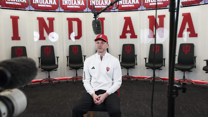 Indiana coach Darian DeVries appears in front of the cameras in the Simon Skjodt Assembly Hall locker room on his first day on the job on March 19, 2025.