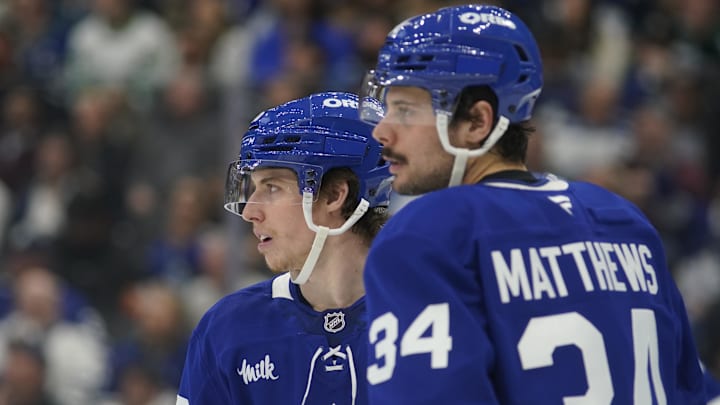 Mar 19, 2025; Toronto, Ontario, CAN; Toronto Maple Leafs forward Mitch Marner (16) and Toronto Maple Leafs forward Auston Matthews (34) during a break in the action against the Colorado Avalanche at Scotiabank Arena. Mandatory Credit: John E. Sokolowski-Imagn Images